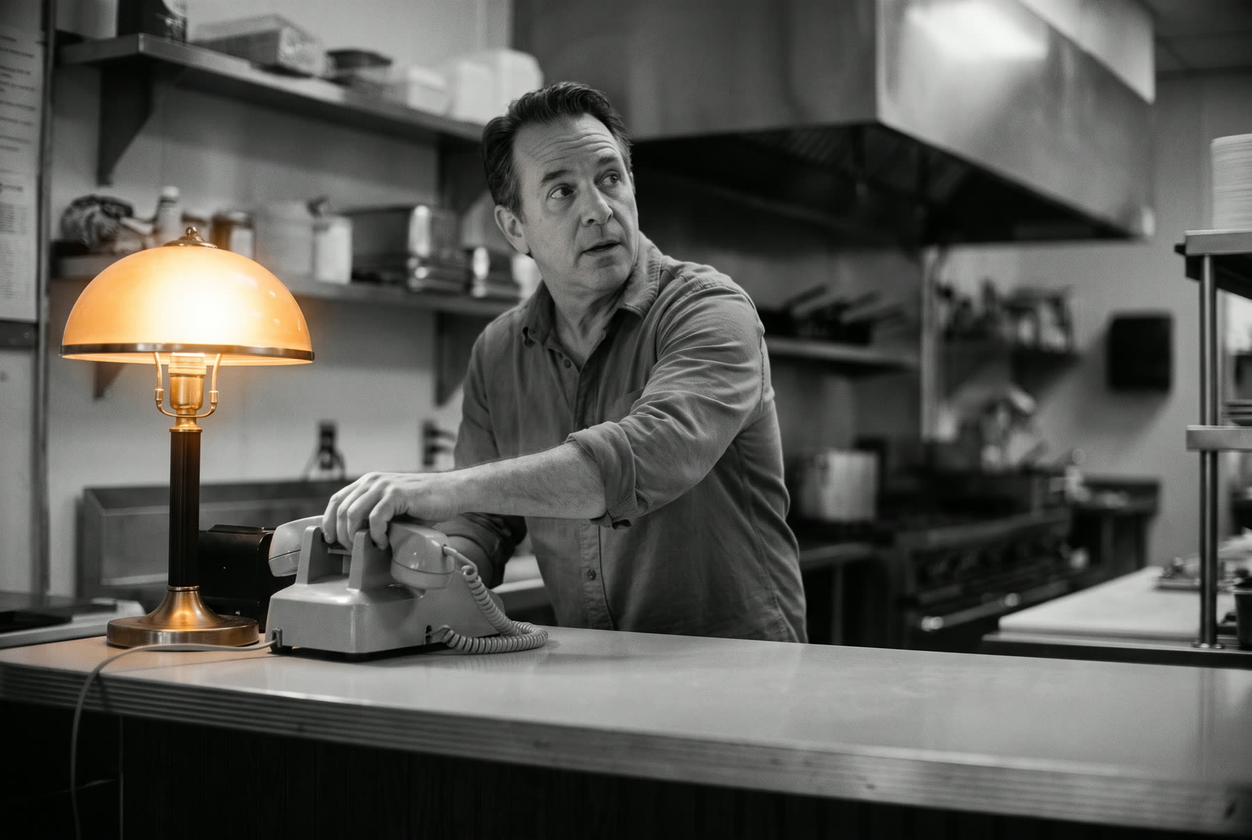 A store owner behind a wooden counter reaching for a ringing phone.
