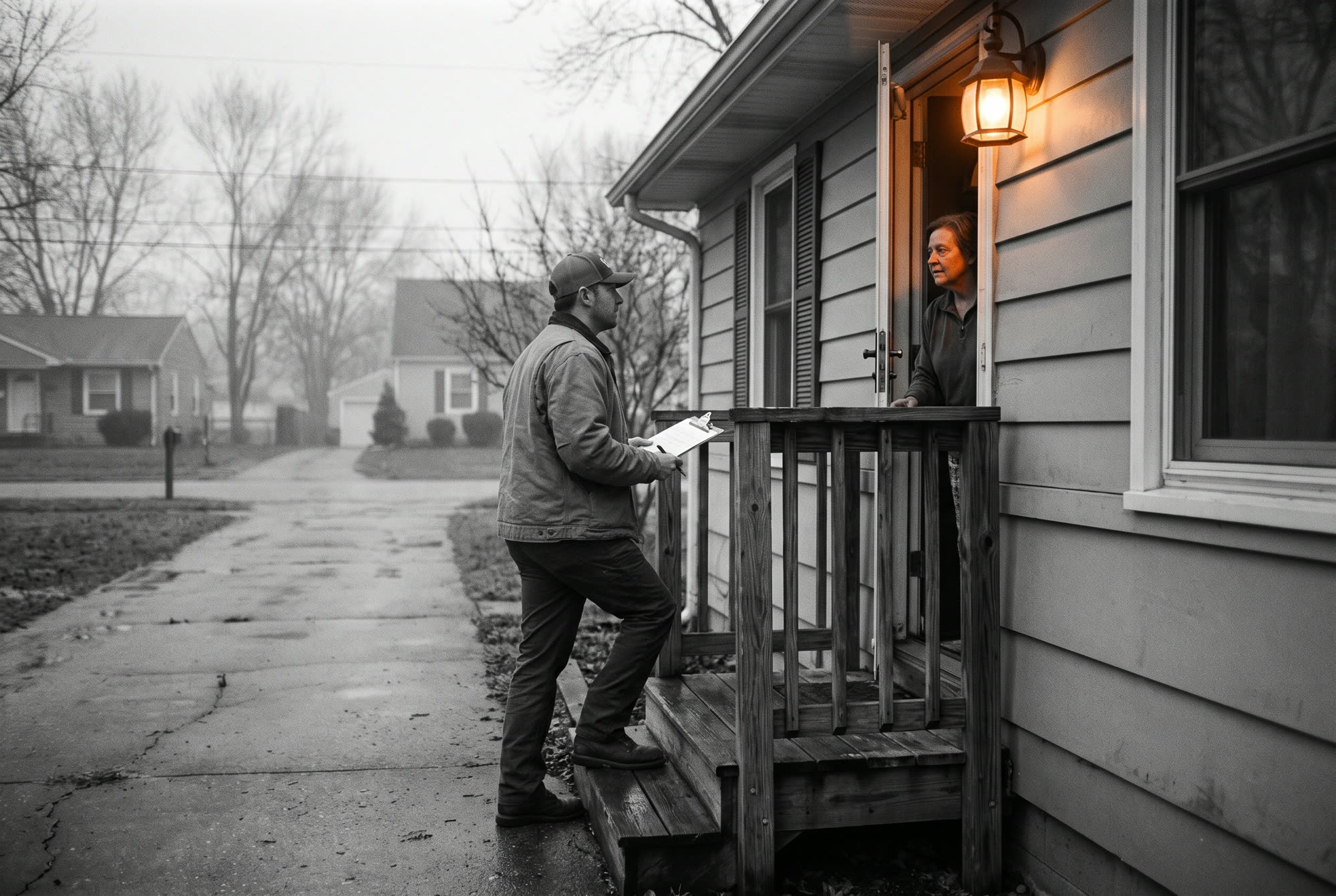 A contractor with a clipboard walks up the porch steps to a homeowner opening the door at dawn.