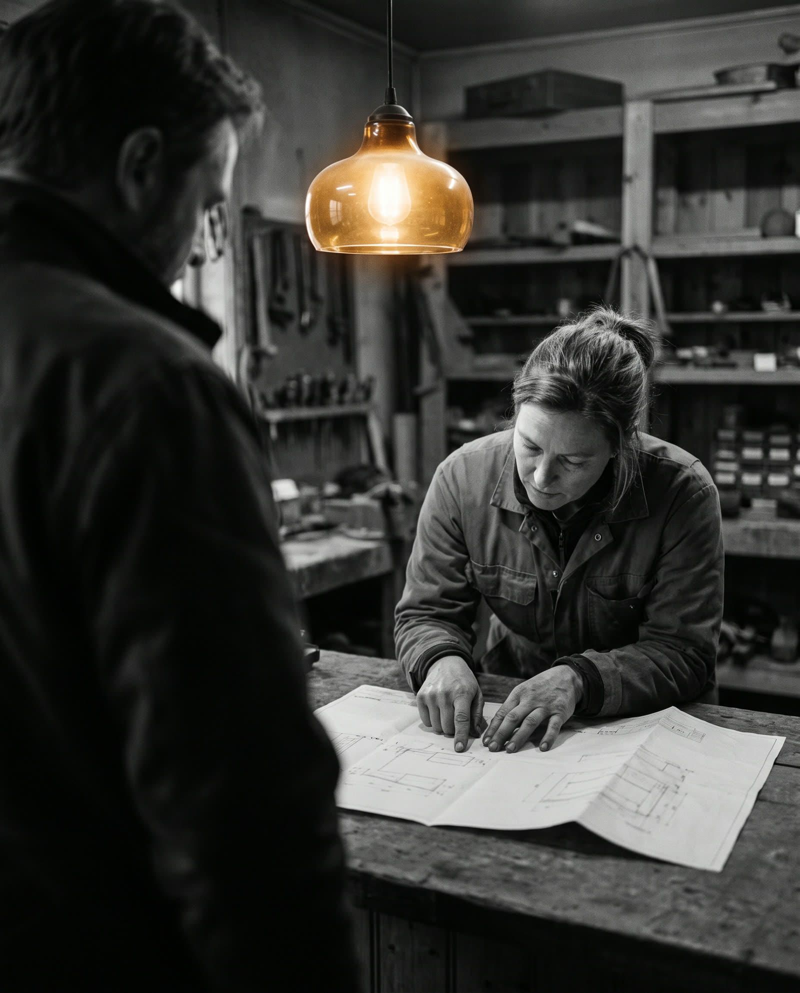 A tradeswoman explains a drawing to a customer across a workshop counter.