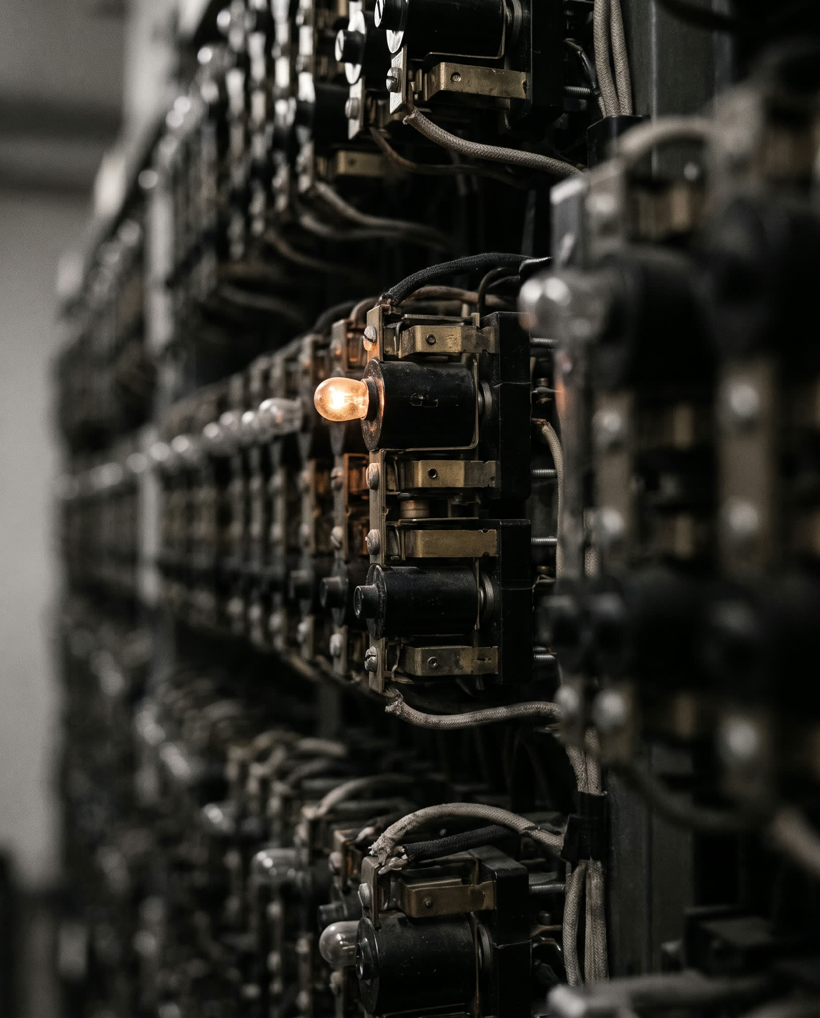 Rows of telephone-exchange relays with one indicator lamp lit.