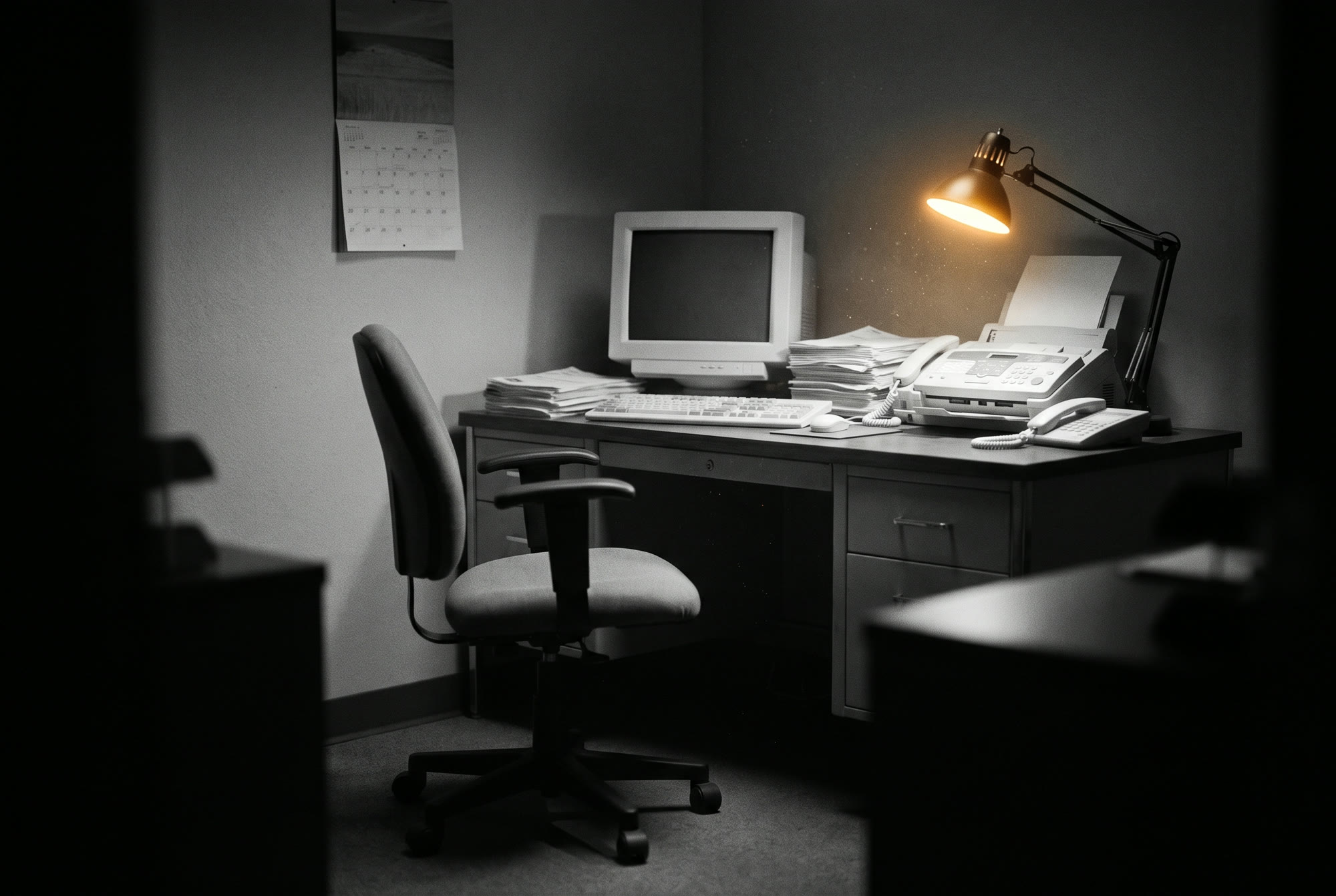A small business office from the early 2000s with a beige monitor and a corded phone.